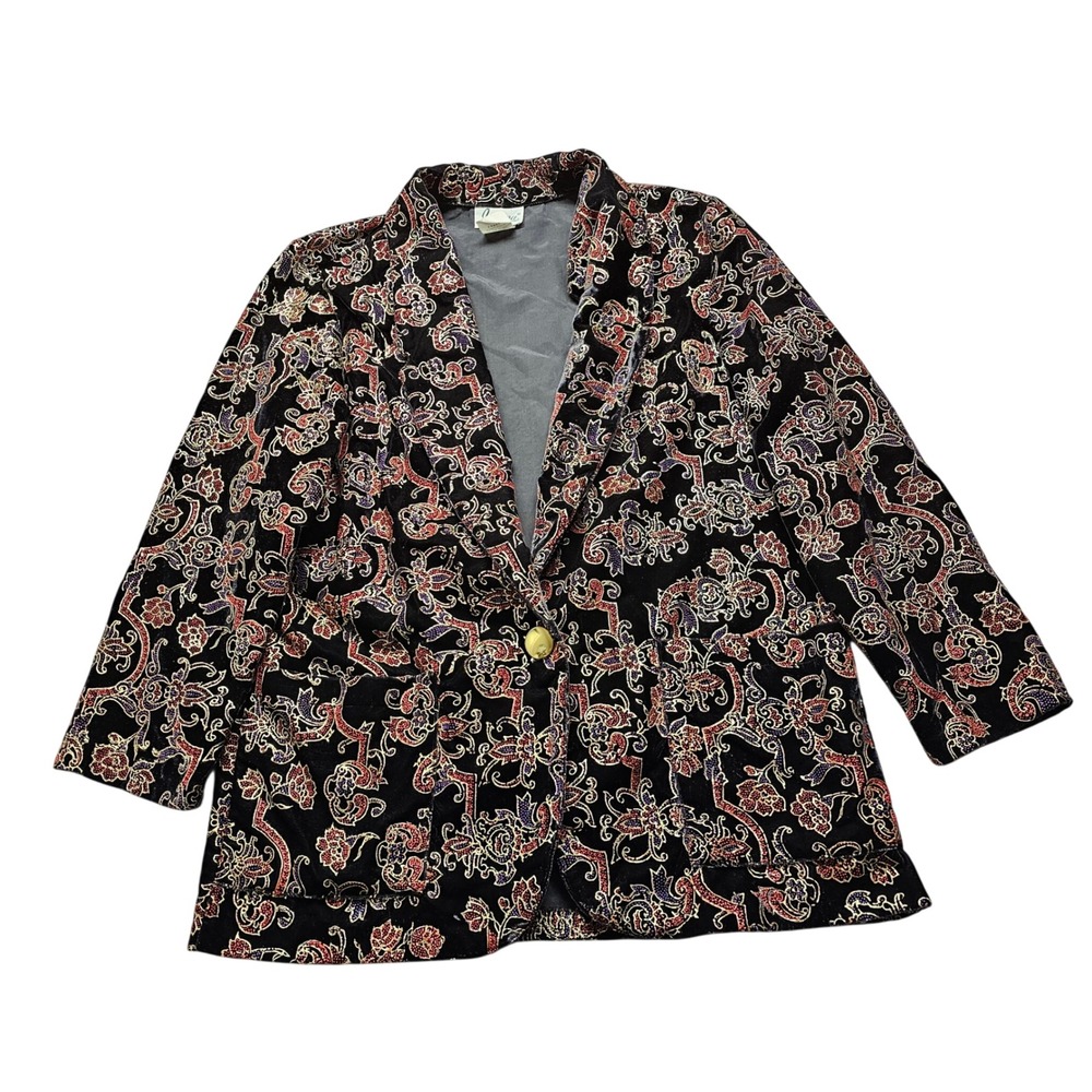 Joanna Vintage Velvet Paisley Floral Open Front Blazer Women Large Black USA